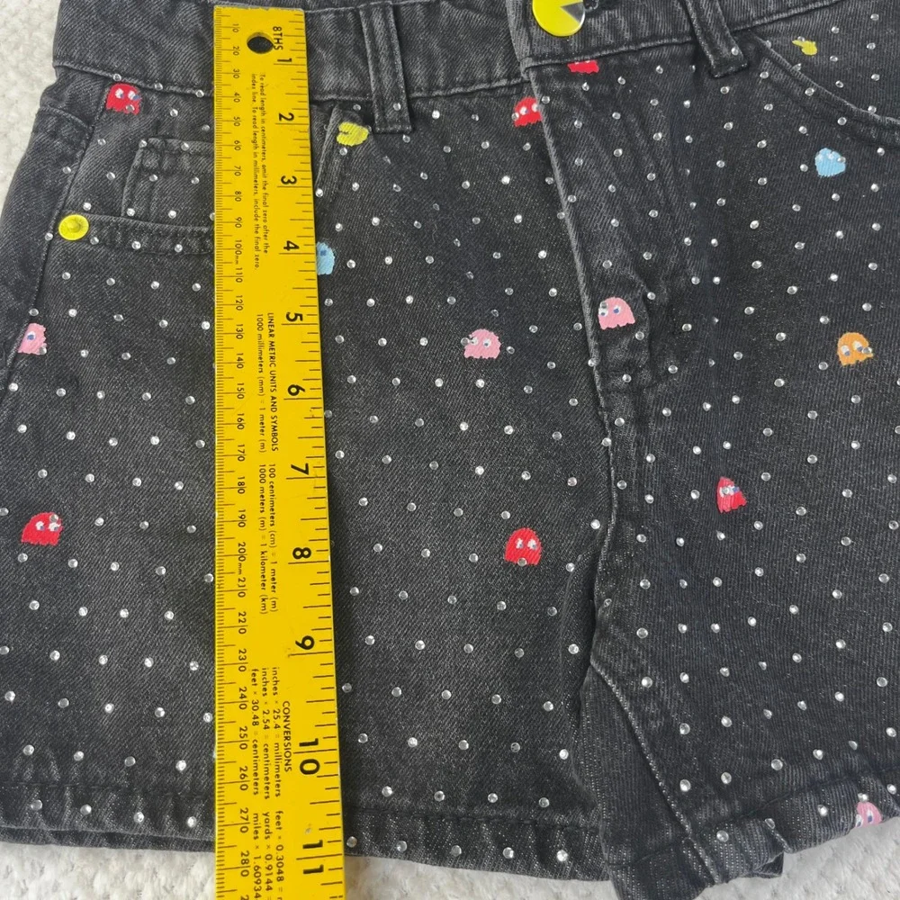 Justice Pac-Man Girls Black Denim Rhinestone Shorts Size 14 Retro Gaming Graphic